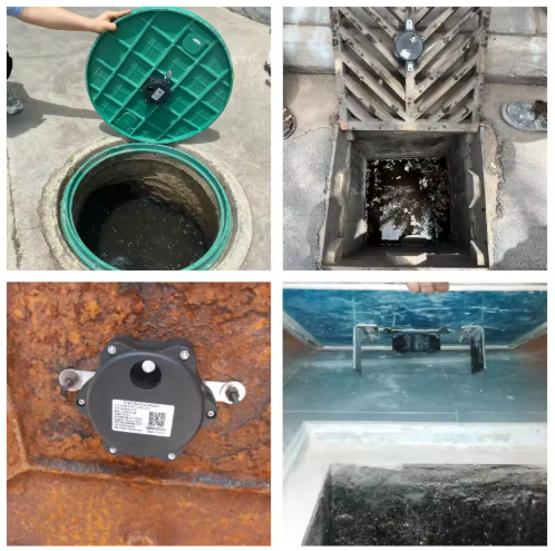 DC413 smart brunnssensor för övervakning av avlopp och brunnslock i stadsmiljö.